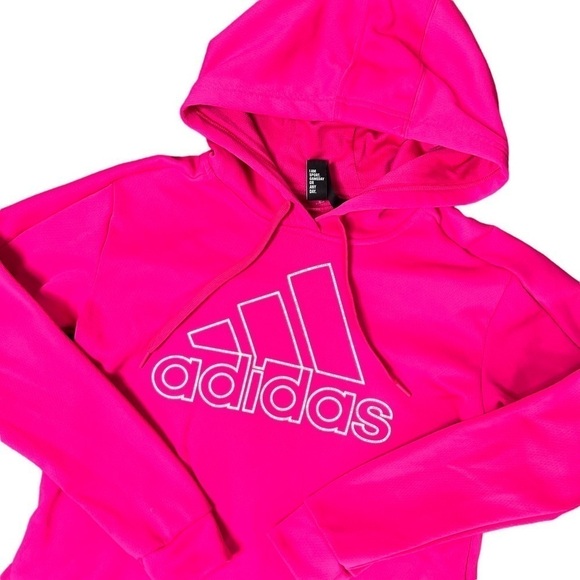 Adidas Bright Hot Pink Pullover Hooded Logo Fleece Lined Sweatshirt Size Small - Picture 1 of 16